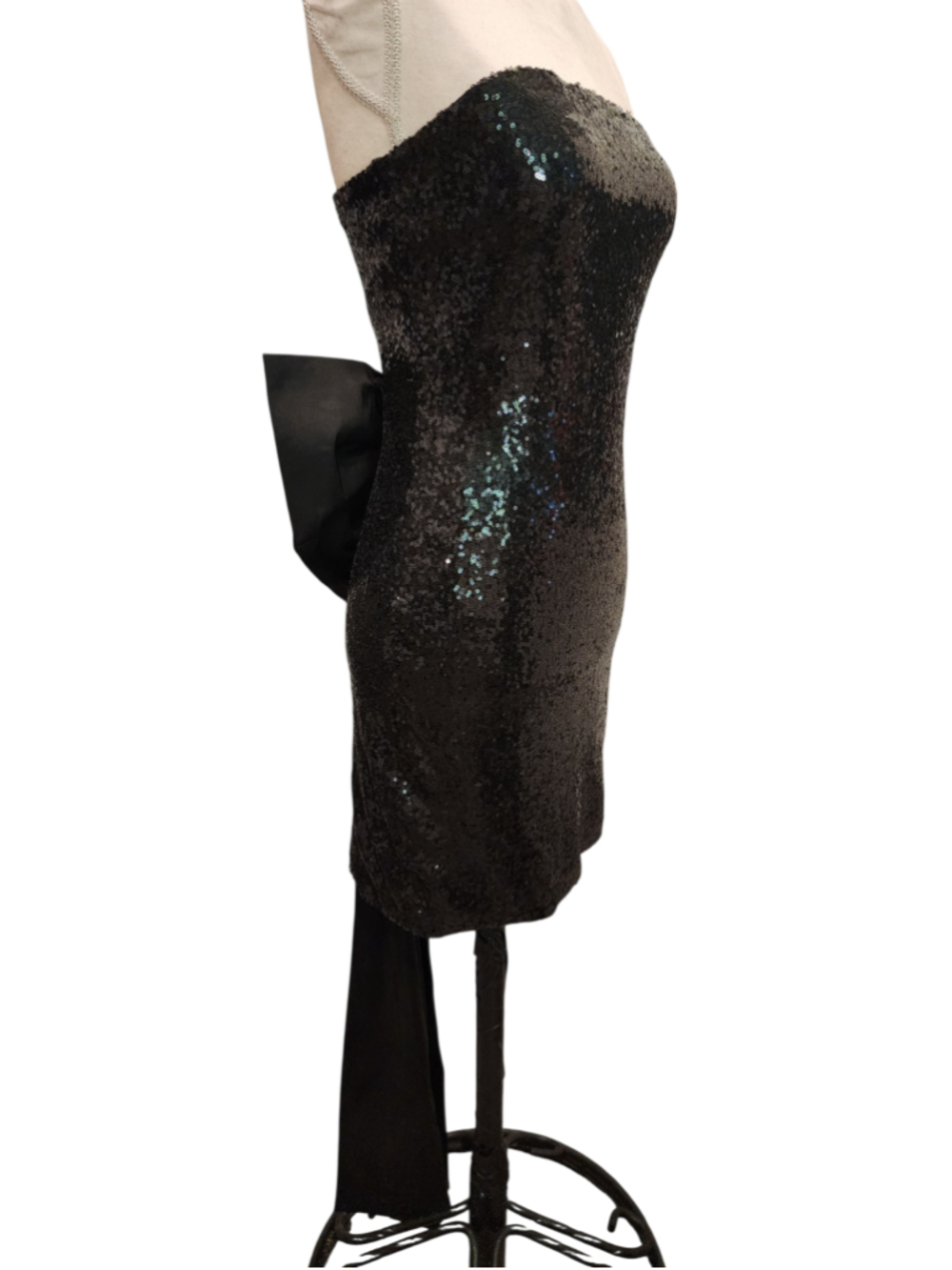 Black Sequin Strapless Bodycon Mini Dress M Oversized Bow Back Cocktail Formal